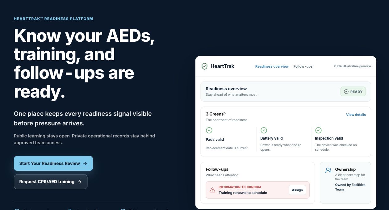 HeartTrak’s public product landing page with an illustrative interface preview