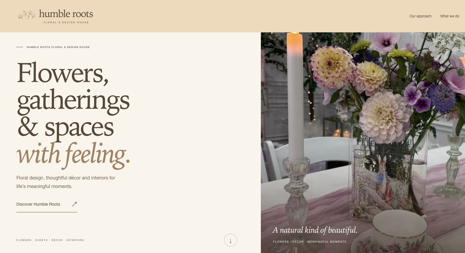 Humble Roots Floral & Design House website with an editorial floral design